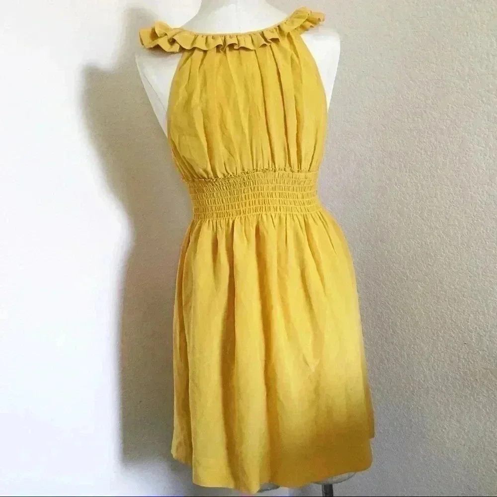 Anthropologie Floreat Mustard Yellow Silk Dress - Picture 2 of 6